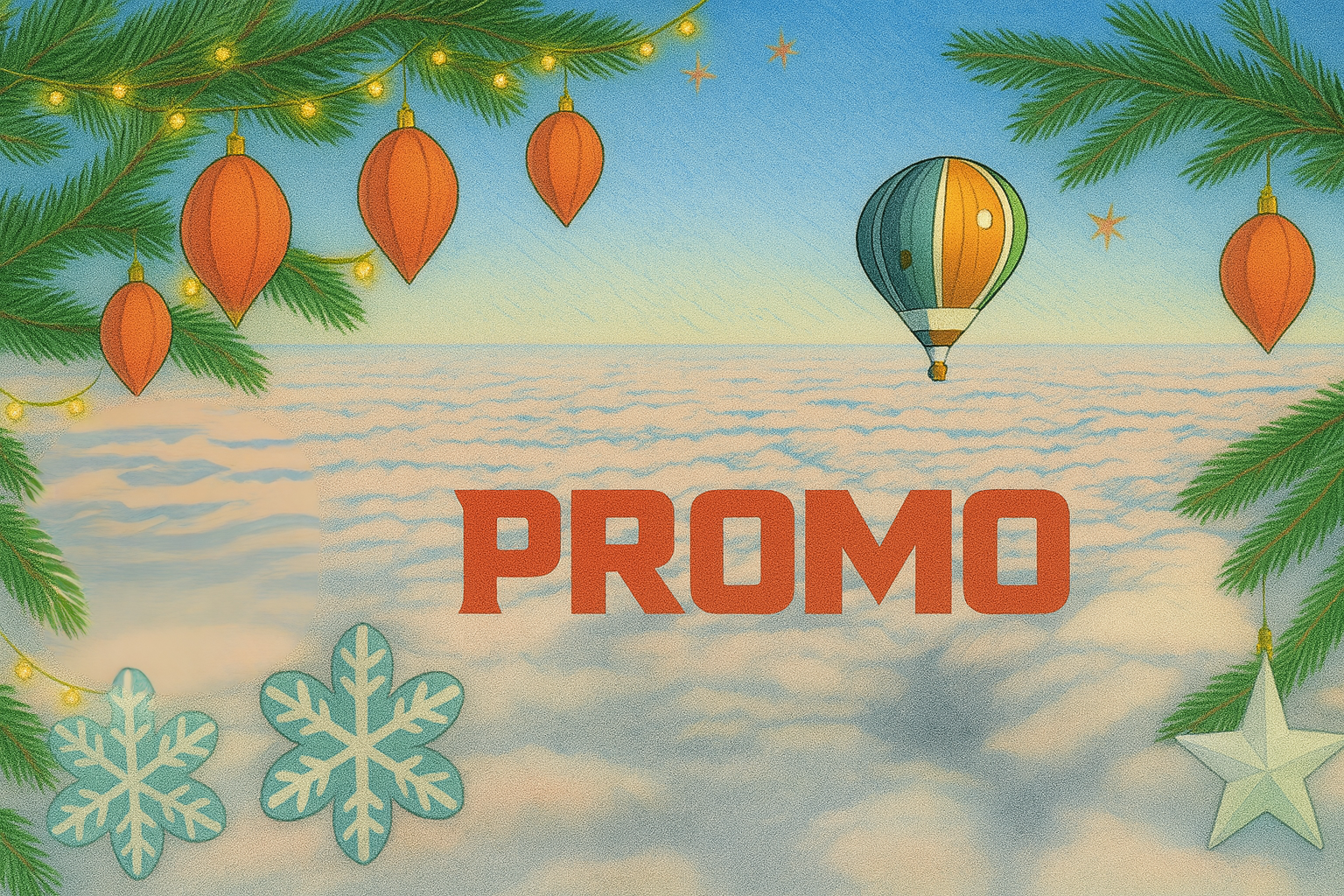 Montgolfière au-dessus des nuages avec décoration de Noël, branches de sapin et texte PROMO pour Montgolfières & Cie.
