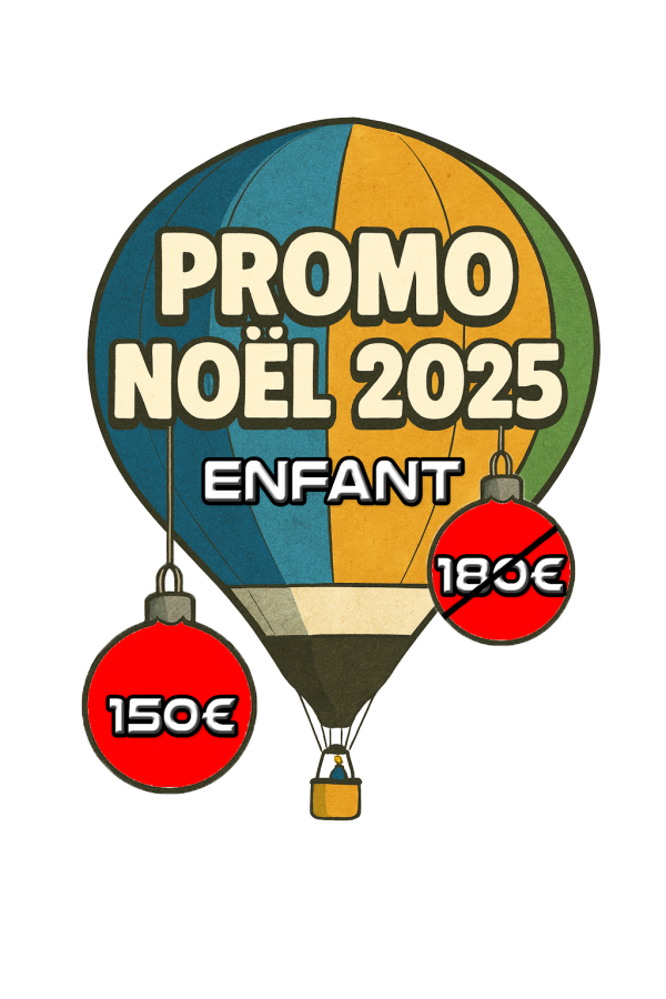 Affiche promotionnelle Noël 2025 enfant pour vols en montgolfière avec Montgolfières & Cie.